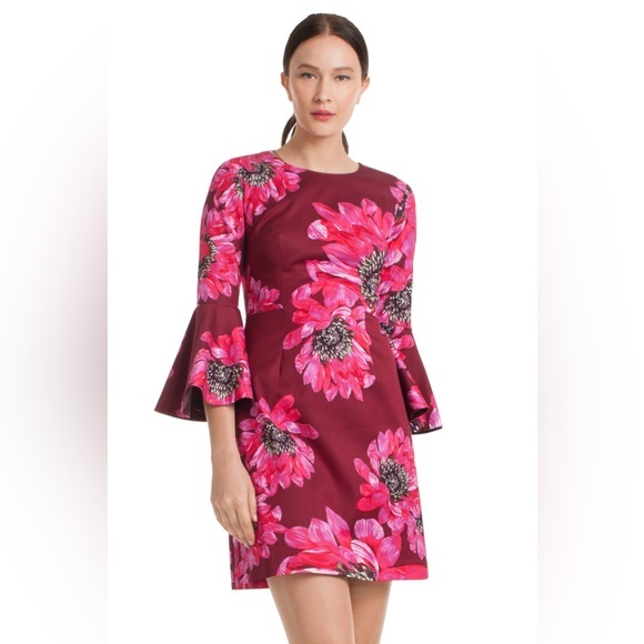 Trina Turk SPLENDID DRESS | Bell sleeve maroon‎ Pink floral - Picture 1 of 11